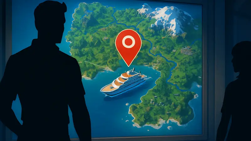Местоположение Утиной яхты с танцполом на карте Fortnite Глава 7 Сезон 3, выделенное для легкого поиска.