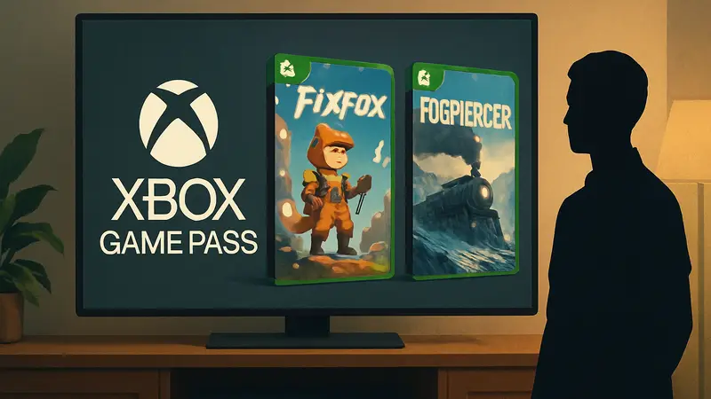 Логотип Xbox Game Pass и обложки игр Fixforce, Fogpiercer на Xbox