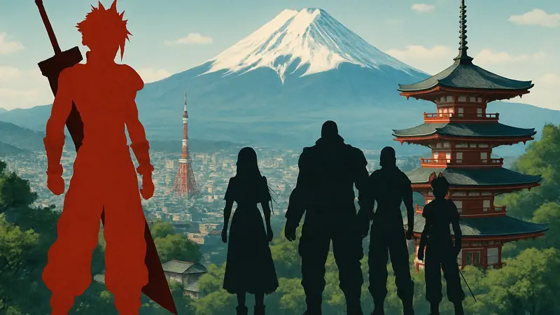 Final Fantasy VII Rebirth: Клауд и его команда на фоне японского пейзажа, символ успеха игры.