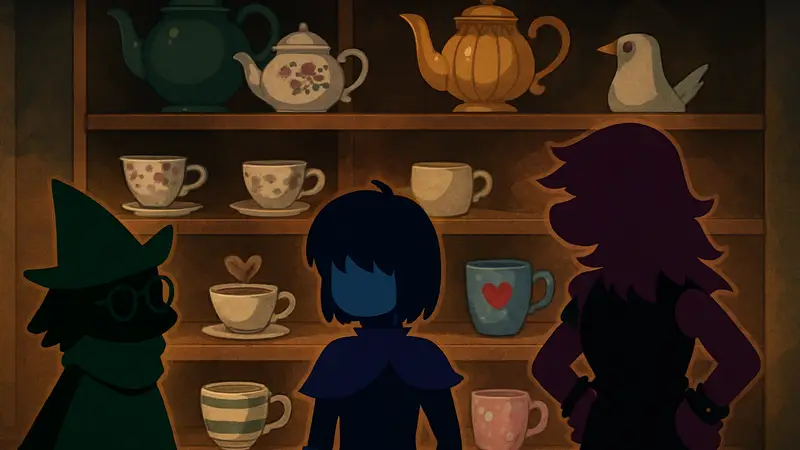 Изображение всех чайных предметов из Deltarune Chapter 2 и главных персонажей игры.