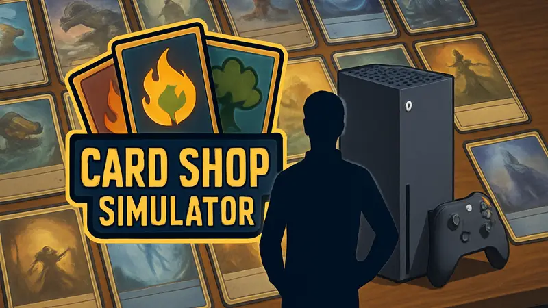 Логотип TCG Card Shop Simulator на фоне коллекционных карточек и консоли Xbox.