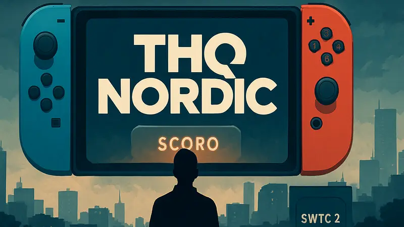 Логотип THQ Nordic на фоне стилизованного изображения Nintendo Switch 2 с надписью 'Скоро'.