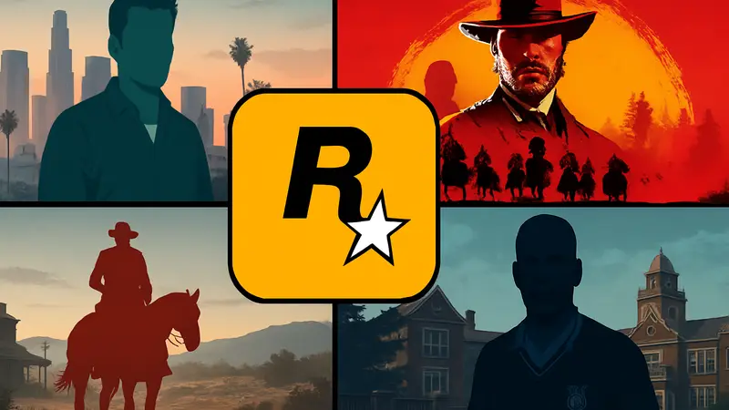 Логотип Rockstar Games на фоне подборки лучших игр: GTA, RDR2, Bully, топ