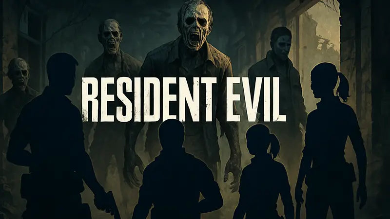 Логотип Resident Evil на фоне зомби и персонажей из серии игр.