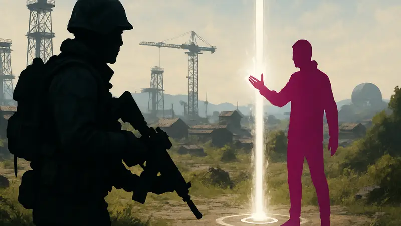 Игрок в Arc Raiders, на фоне которого хакер создает точку эвакуации