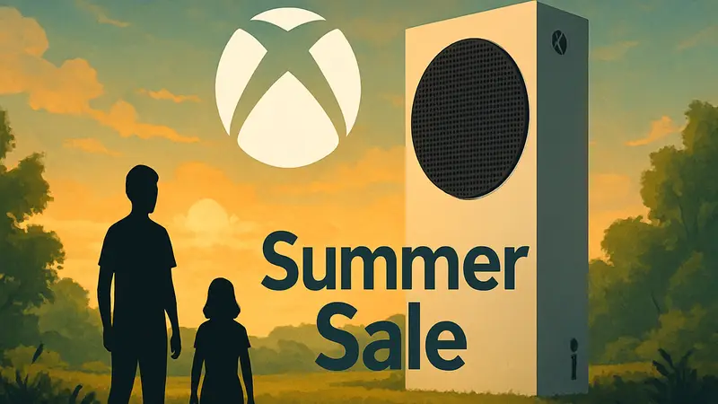 Логотип Xbox на фоне игровой консоли и слова «Summer Sale»