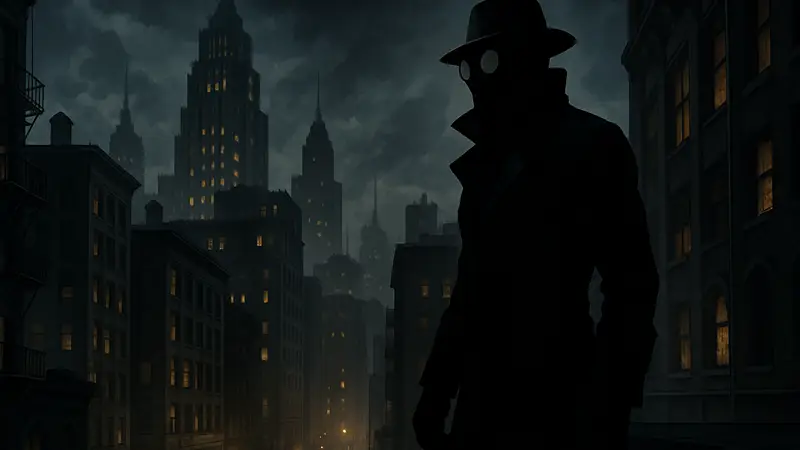 Кадр из сериала «Человек-паук Нуар» с главным героем в тёмном нуарном стиле города.