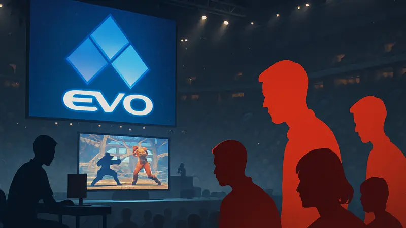 Киберспортивный турнир Evo Vegas, сцена с игроками файтинга, логотип турнира, низкие регистрации.