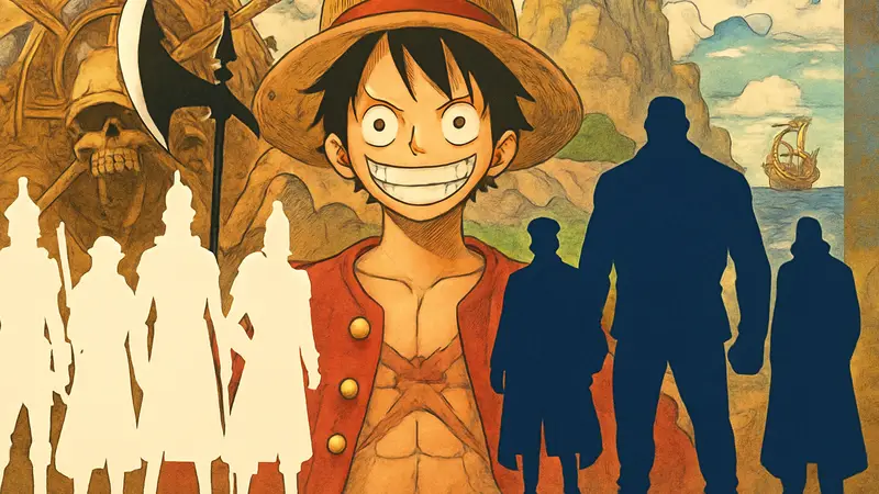 Святые Рыцари и Адмиралы Морского Дозора из One Piece на фоне обложки манги.