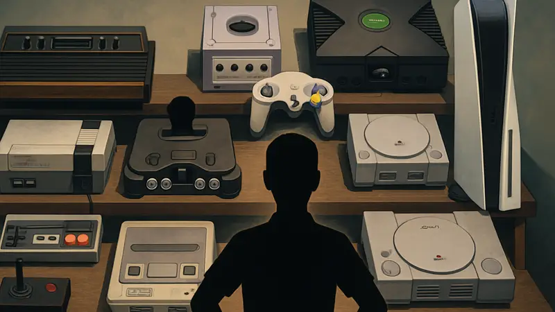 Коллаж из различных игровых консолей разных поколений: от Atari до PlayStation 5