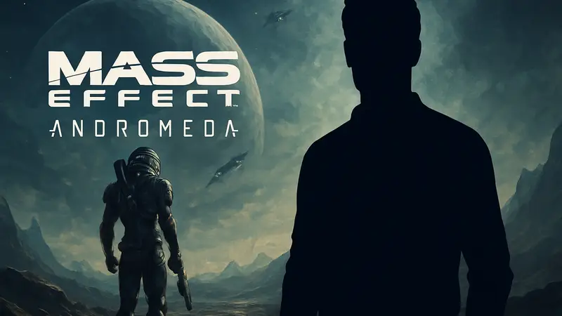 Персонаж из Mass Effect Andromeda, актер озвучки на фоне логотипа игры