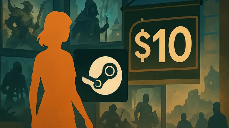 Обложки различных RPG игр, логотип Steam, символ доллара и цифра 10 на баннере распродажи