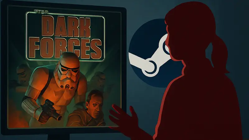 Обложка игры Star Wars: Dark Forces на фоне логотипа Steam. Удаление игр Disney.