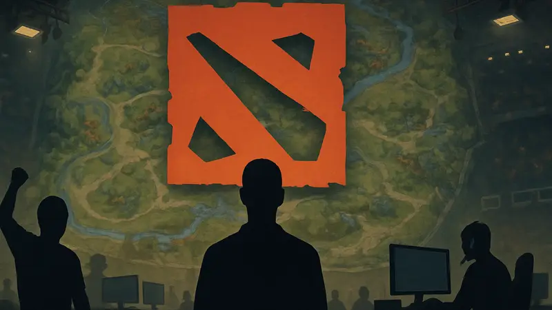 Логотип Dota 2 на фоне карты с элементами киберспорта, символизирующий ожидание нового патча.