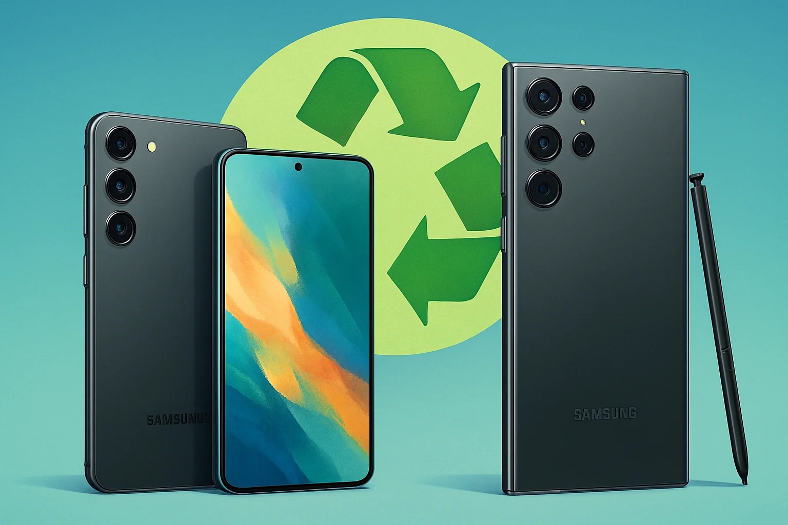 Три смартфона Samsung Galaxy S25, S25 Plus и S25 Ultra, символизирующие программу Certified Re-Newed.