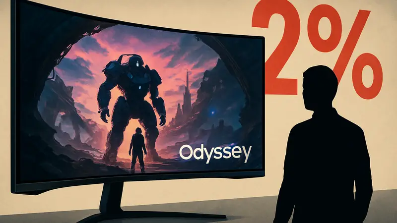 Изображение изогнутого игрового монитора Samsung Odyssey G93SC, показывающего яркую игровую сцену, на фоне скидки.