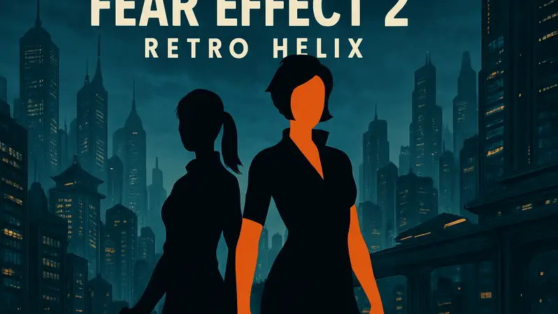 Главные героини Fear Effect 2: Retro Helix на фоне футуристического города. Обложка игры.