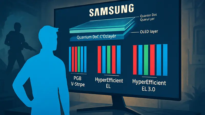 Схематичное изображение Samsung QD-OLED панели, демонстрирующее поколения и технологии дисплея.
