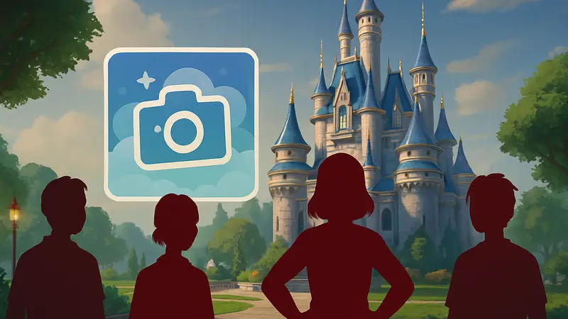 Игровой скриншот Disney Dreamlight Valley с логотипом DreamSnaps на фоне замка.