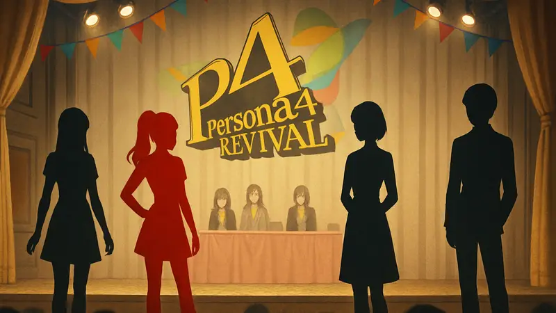 Логотип Persona 4 Revival или кадр из игры с персонажами, участвующими в конкурсе красоты