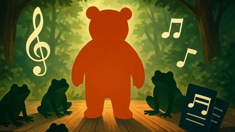 Главный герой Bonnie Bear Saves Frog Time, мишка Бонни, в окружении лягушек и музыкальных элементов.