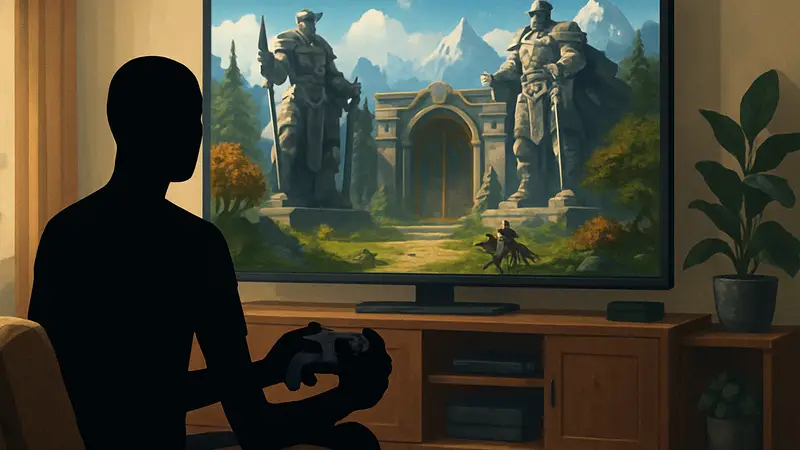 Игрок управляет World of Warcraft с помощью геймпада, сидя на диване