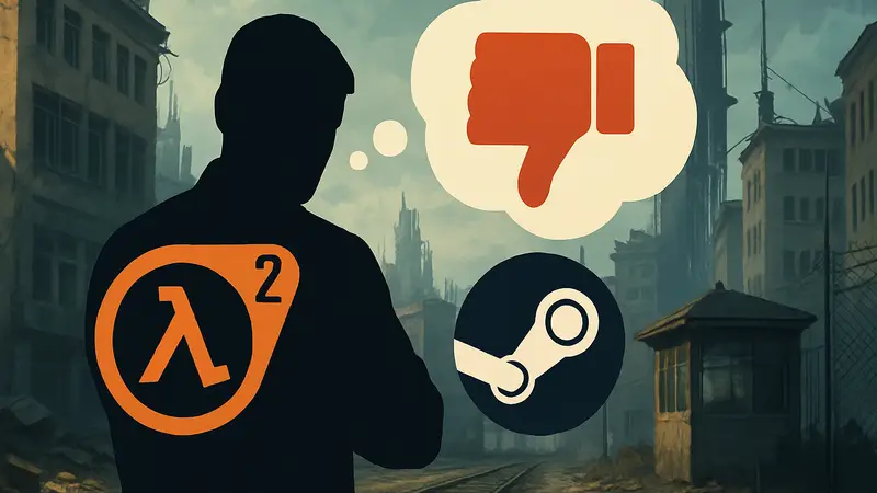 Логотип Half-Life 2 и иконка Steam, символизирующие негативный отзыв сотрудника Valve.