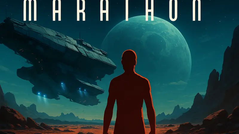 Логотип игры Marathon от Bungie на фоне космического корабля и инопланетного пейзажа