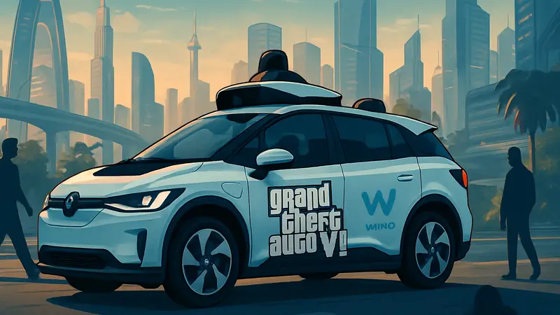 Изображение автомобиля-такси Waymo с логотипом Grand Theft Auto 6 на фоне футуристического города.