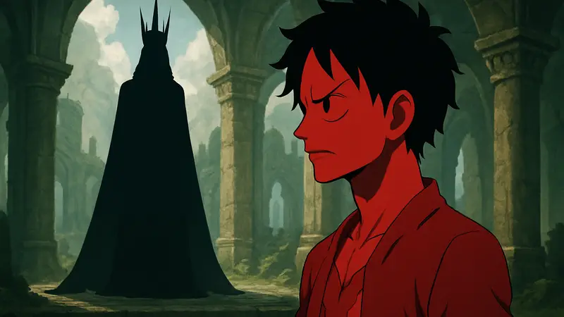 Манга One Piece: Луффи с серьёзным выражением лица перед таинственным персонажем Иму