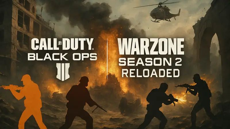 Логотип Call of Duty Black Ops 7 и Warzone Season 2 Reloaded с элементами боевых действий