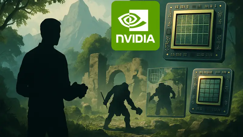 Логотип Nvidia DLSS с изображением графических чипов, демонстрирующих улучшение качества и производительности в игре.