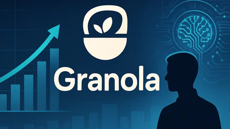 Логотип Granola на фоне графиков роста инвестиций и ИИ-интерфейса.
