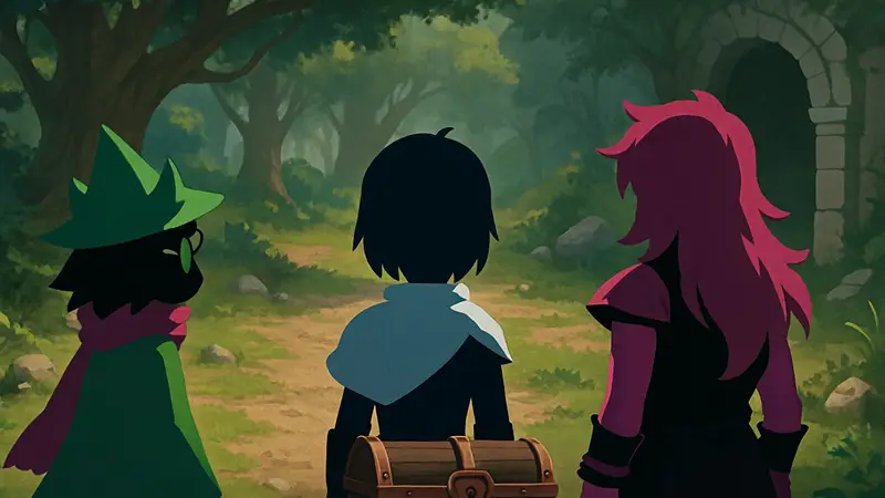 Главные герои Deltarune возле сундука для хранения предметов в игре