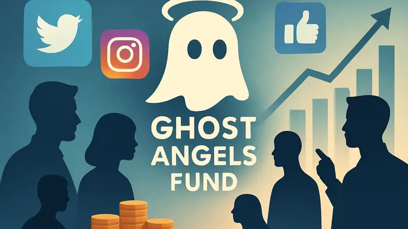 Логотип Ghost Angels Fund, на фоне символика социальных сетей и инвестиций в технологии.