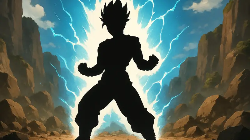 Гохан из Dragon Ball в одной из своих мощных боевых стоек, демонстрирующий силу.