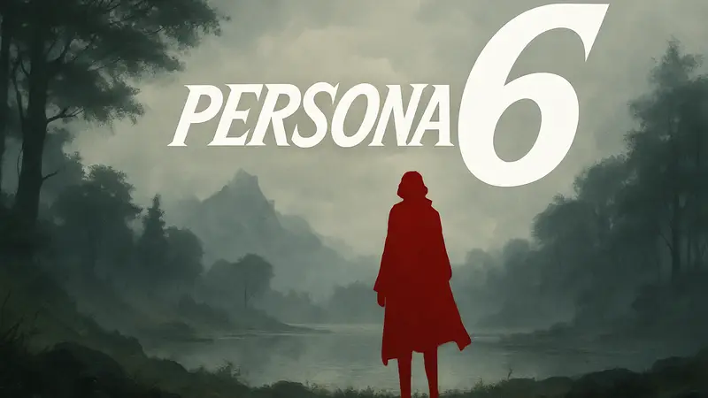 Логотип Persona 6, на фоне туманного пейзажа, с загадочной фигурой.