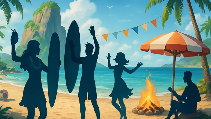 Персонажи из Starsand Island наслаждаются «Пляжным фестивалем» на берегу моря.