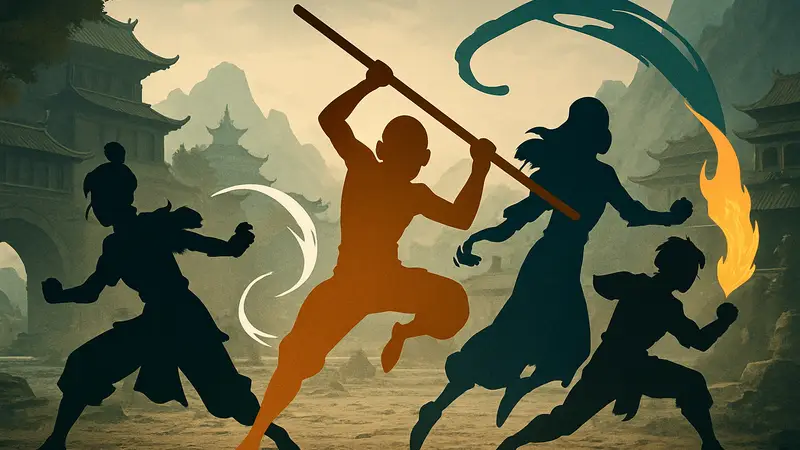 Персонажи из вселенной "Аватара" в динамичной позе из игры Avatar Legends: The Fighting Game.