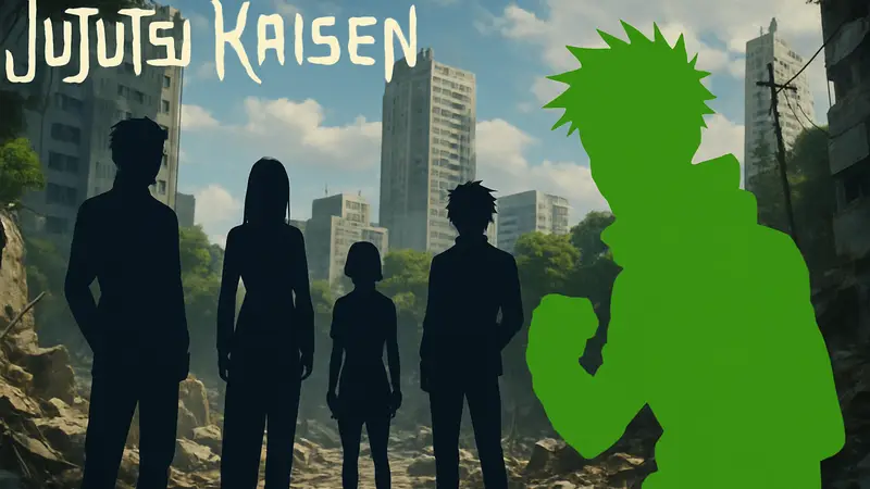 Постер аниме Jujutsu Kaisen с новыми персонажами или кадрами из арки «Сэндай».