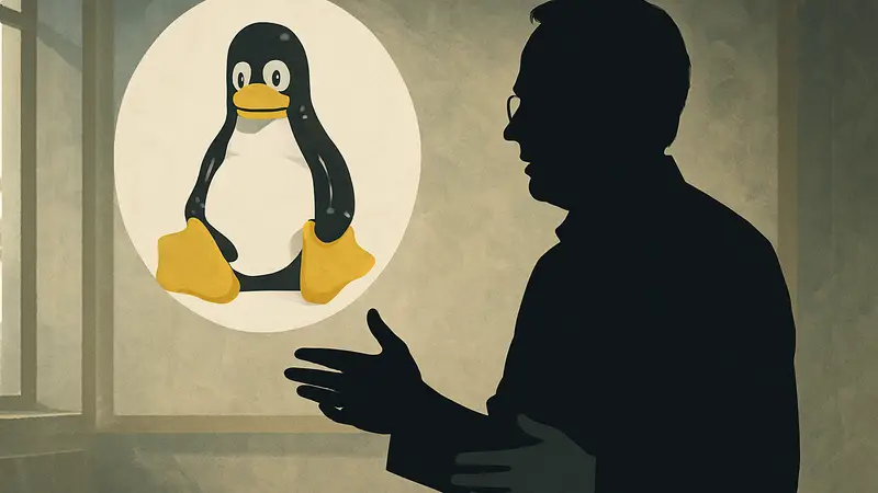 Линус Торвальдс на фоне логотипа Linux, обсуждает план преемственности ядра.