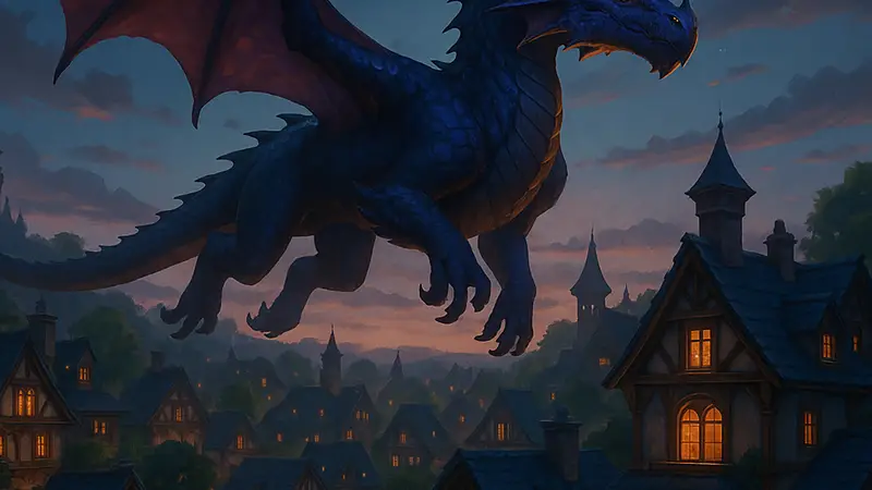Изображение дракона, парящего над уютным кварталом домов игроков в World of Warcraft: Midnight.