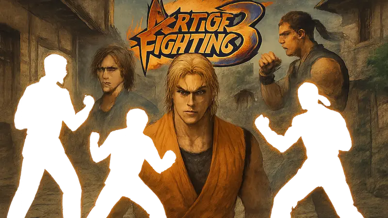 Логотип Art of Fighting 3 на фоне бойцов, символизирующий проблему переизданий SNK.