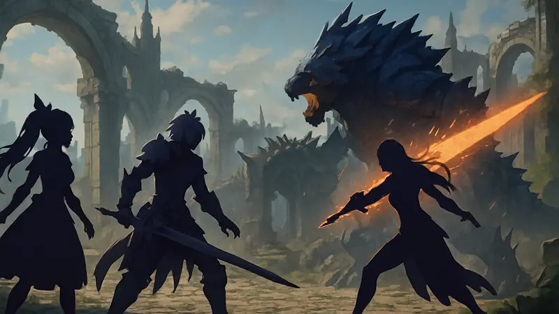 Кадр из JRPG Tales of Arise, показывающий главных персонажей и боевую сцену.