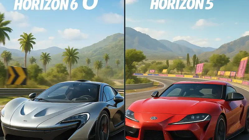 Сравнение графики Forza Horizon 6 и Forza Horizon 5, гоночные автомобили на трассе.