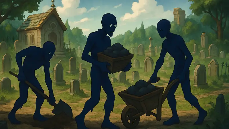Скриншот или концепт-арт зомби, работающих на кладбище, из игры Graveyard Keeper 2.