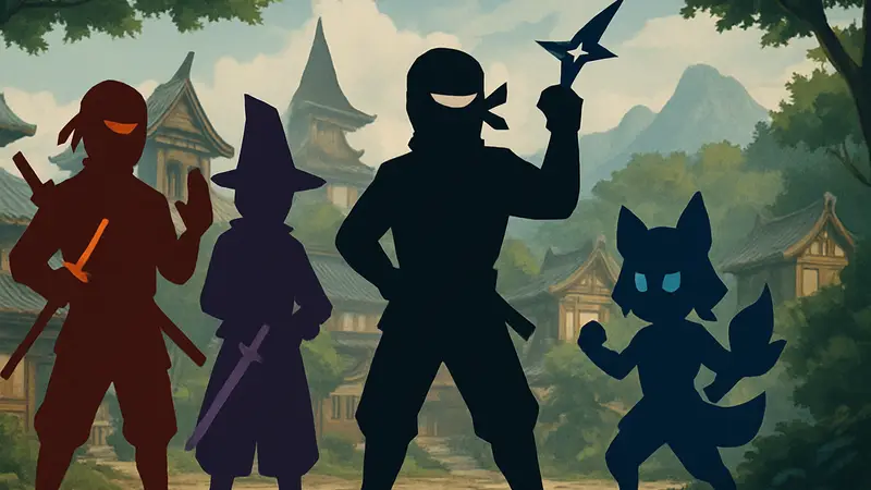 Иллюстрация персонажей из игры Ninja Time, символизирующая различные игровые семьи и их уникальные способности.