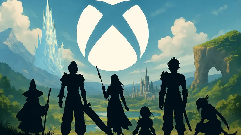 Логотип Xbox Game Pass с персонажами Final Fantasy, символизирующий подписку на культовые JRPG.