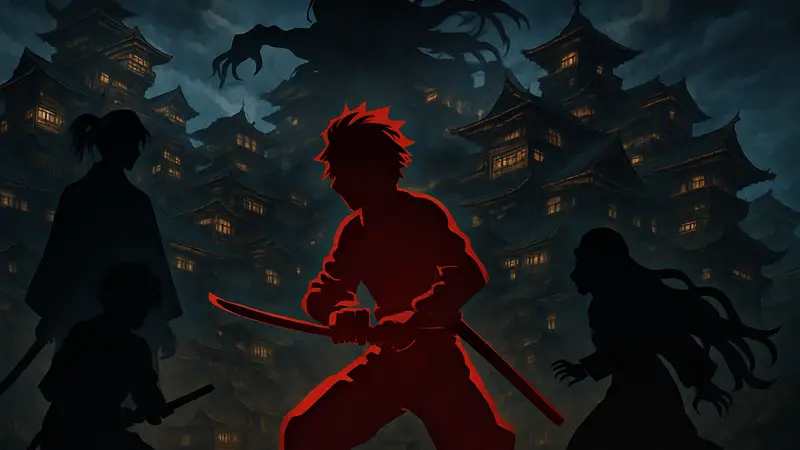 Постер аниме-фильма «Клинок, рассекающий демонов: Бесконечный замок» с ключевыми персонажами