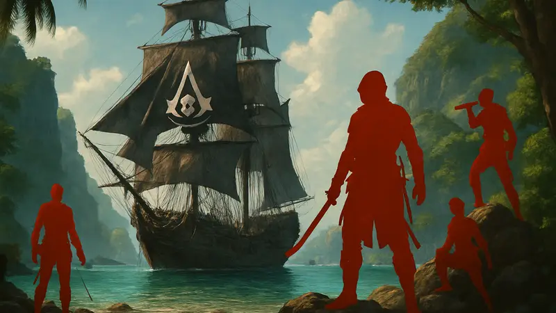 Арт из Assassin’s Creed Black Flag с пиратским кораблём и персонажами, логотип Resynced
